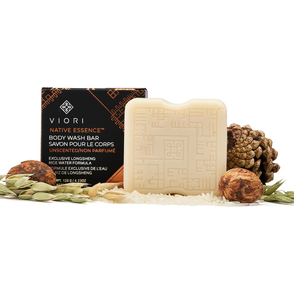 Viori Native Essence front packaging showing unscented bar benefits
