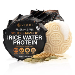 Viori rice water shampoo bar front packaging showing eco-friendly benefits