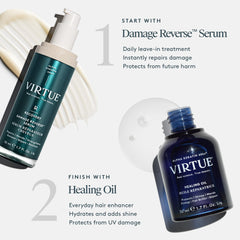 VIRTUE oil distributed through damp hair illustrating hydration and reduced frizz