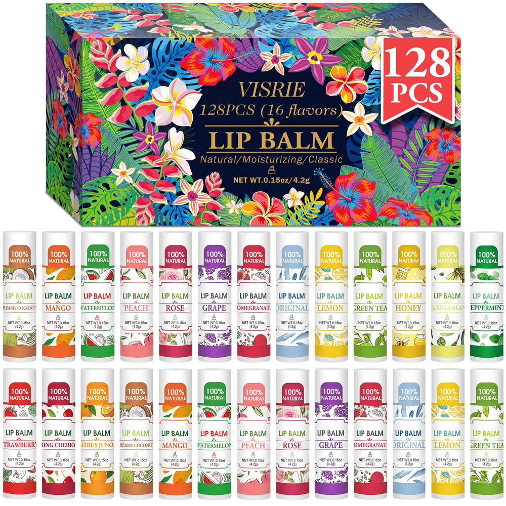 VISRIE front packaging showing 128-count value pack and flavor list for easy selection