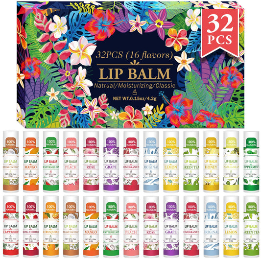 VISRIE front packaging of 32 lip balms showing flavor variety and bulk value