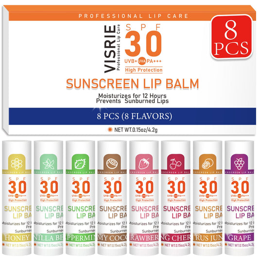 VISRIE front packaging showing eight colorful SPF 30 lip balms and benefits