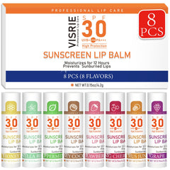 VISRIE front packaging showing eight colorful SPF 30 lip balms and benefits