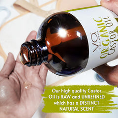 VITAL AFFAIR castor oil pack setup with cloth and bottle demonstrating at-home use