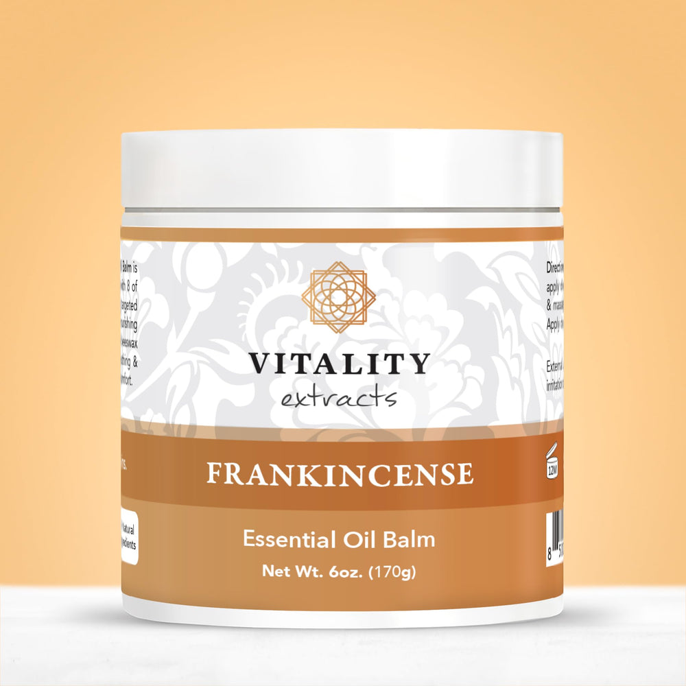 Vitality frankincense balm on bathroom vanity lifestyle shot suggesting daily ritual use