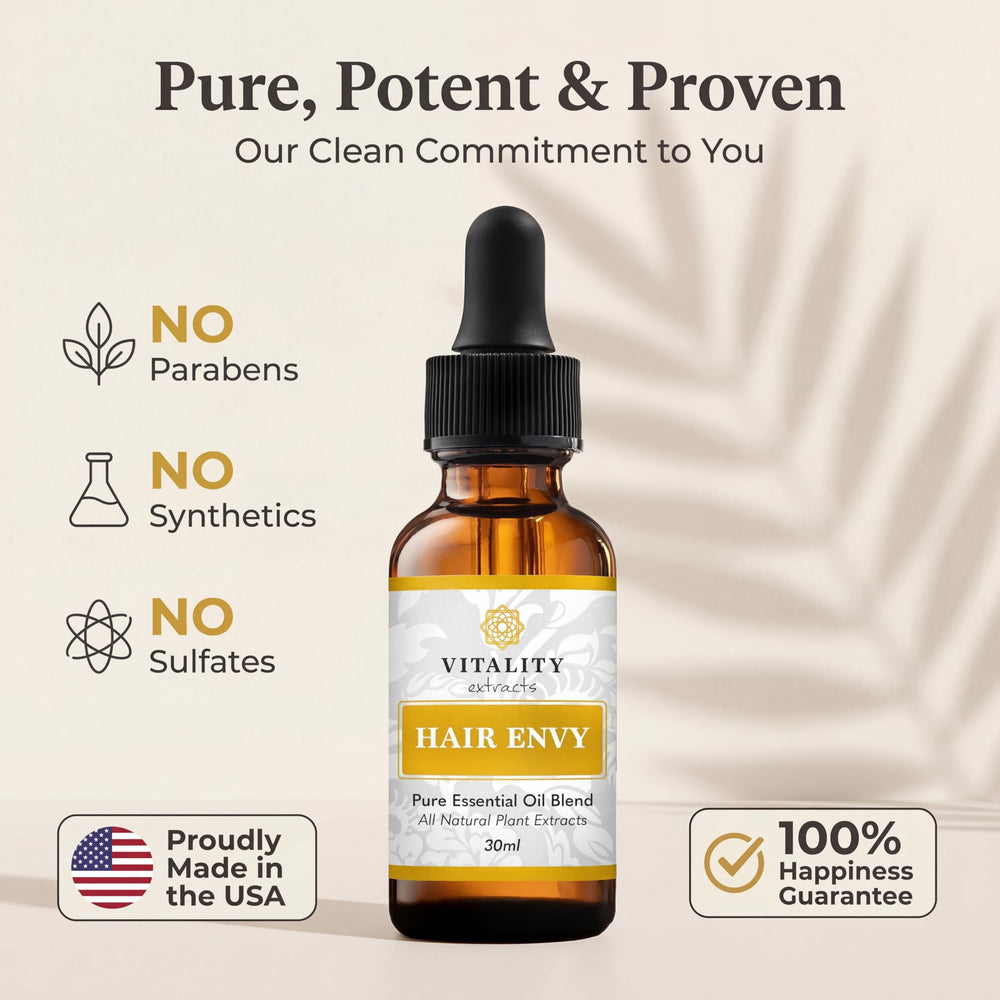 Vitality side-by-side before and after hair appearance showing reduced breakage benefit fuller look