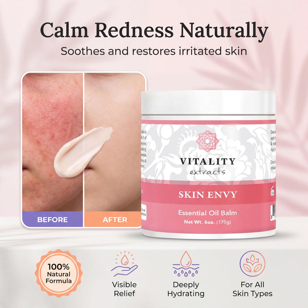 Vitality Skin Envy next to a measuring cup illustrating the 6oz generous size