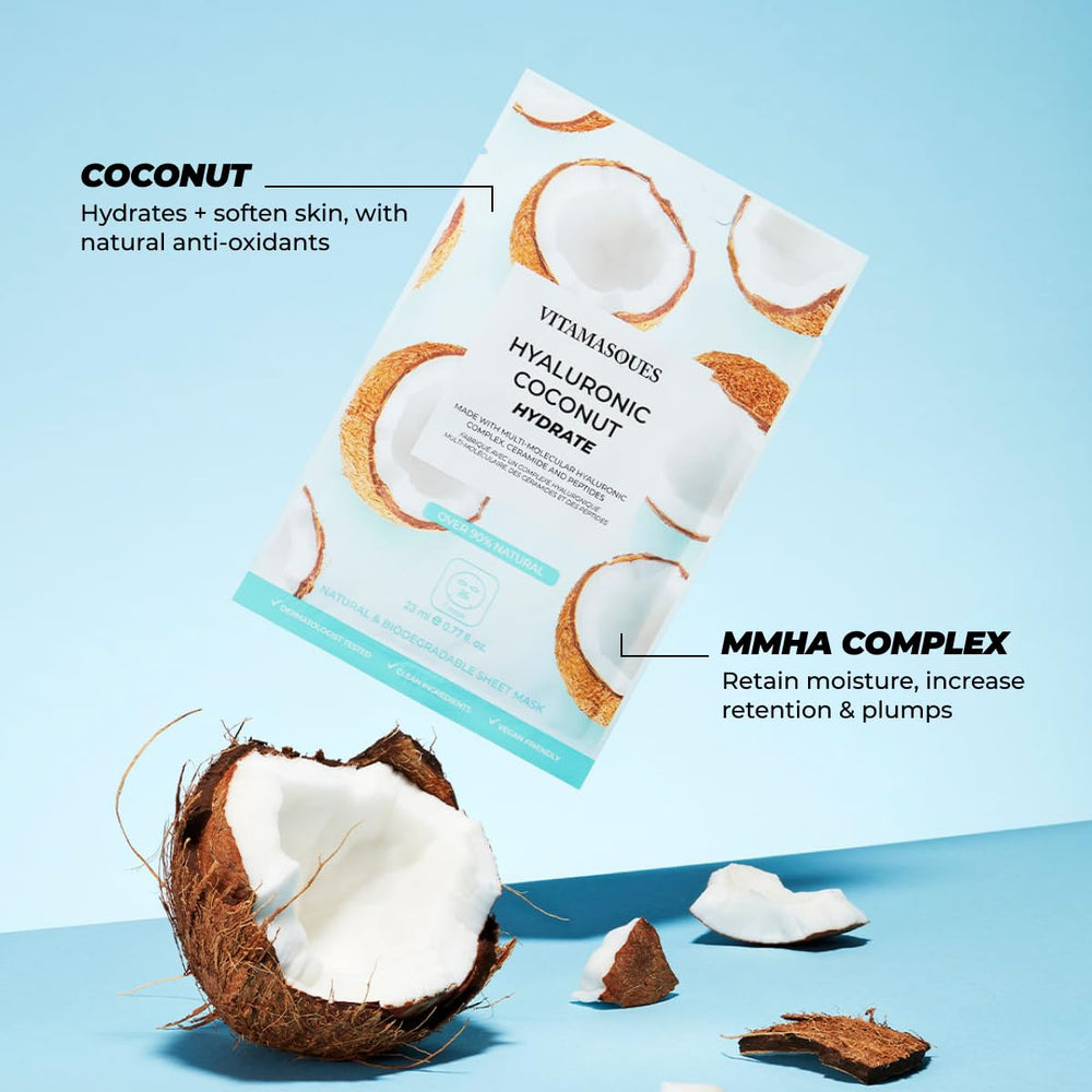 Vitamasques model wearing sheet mask illustrating instant hydration effect