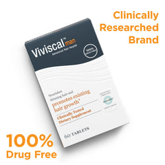 Viviscal Man beside fortifying shampoo suggesting a combined thickening routine benefit