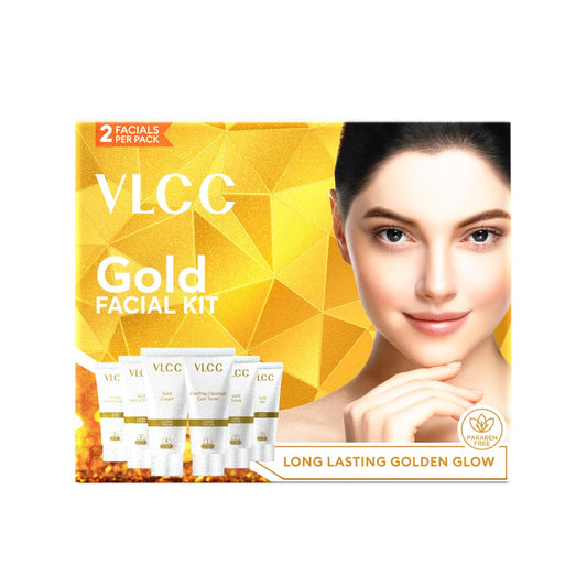 VLCC gold facial kit front packaging showing compact convenience and clear labels
