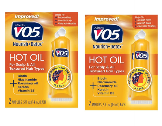 VO5 hot oil treatment front packaging showing two vials and benefits