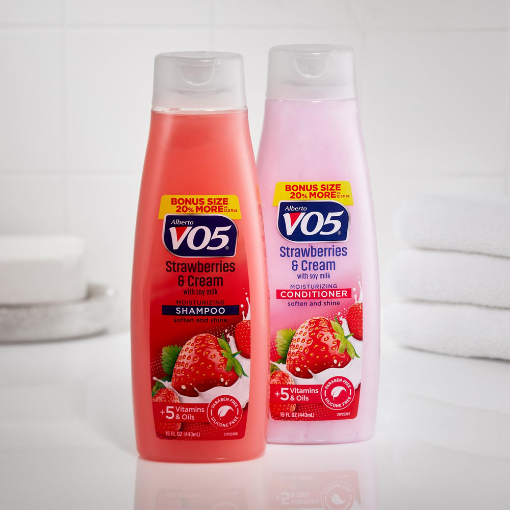 VO5 shampoo in use in shower demonstrating gentle foaming and effective cleansing benefit