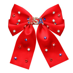 vokone front view of jeweled red white blue hair bow showing bold design and festive appeal