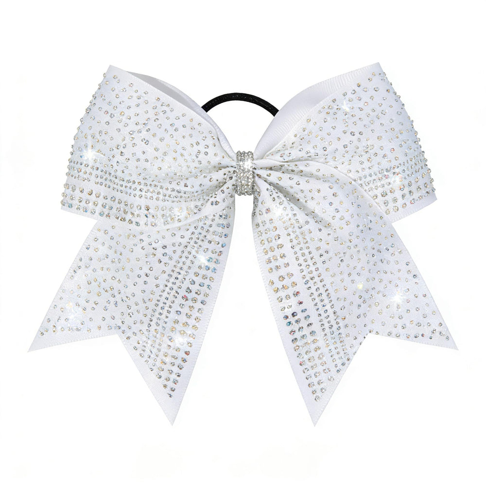 Volwiqu front view white glitter cheer bow showing sparkle benefit