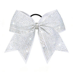 Volwiqu front view white glitter cheer bow showing sparkle benefit