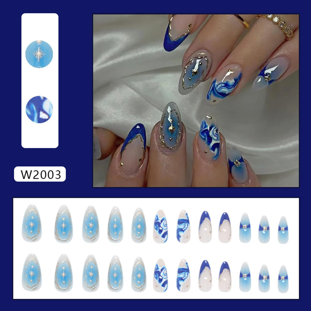 Close-up of Vopintpy blue marble and gradient French tip detail highlighting glossy finish