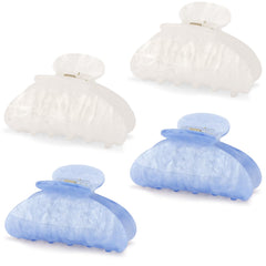 Vovii front view of four blue and white acrylic clips, shows color variety and convenience