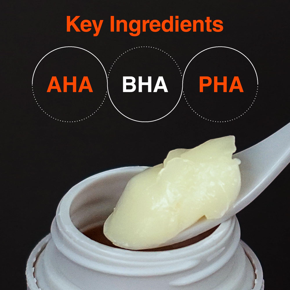 VQM AXENDA close-up label highlighting AHA BHA PHA ingredients