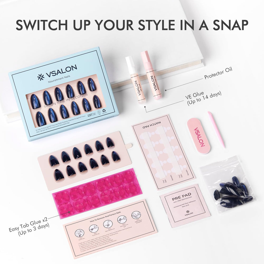 VSALON kit contents with glue and tabs for quick application