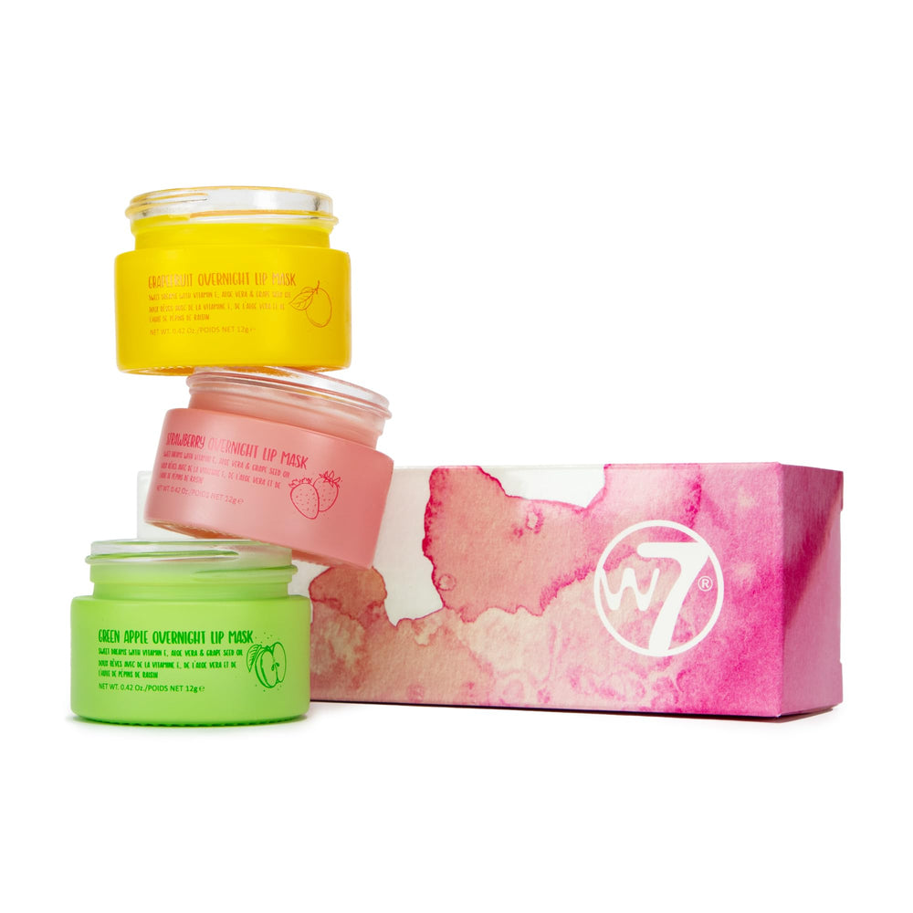 W7 Sweet Dreams trio front view showing three flavored pots and packaging benefit hydration