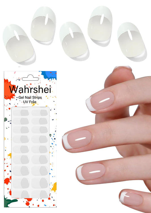 Wahrshei front packaging showing 22 French gel nail strips and accessories for quick application