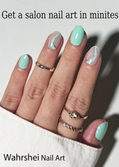 Wahrshei mint green gel stickers applied on hand showcasing salon-like glossy results