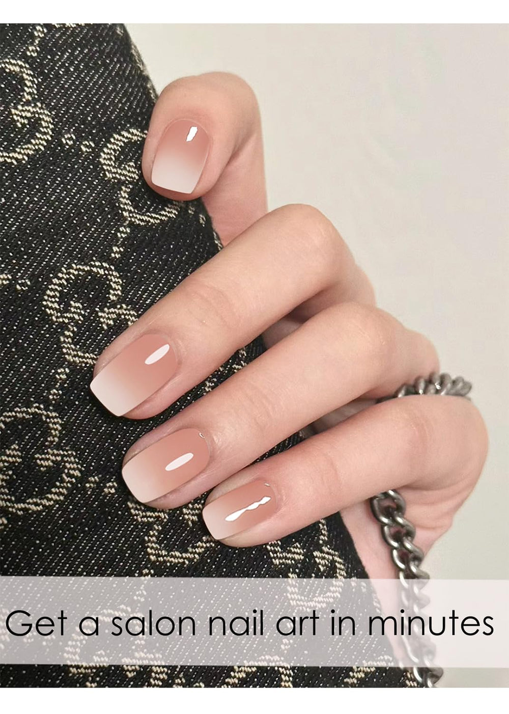 Wahrshei nail strips applied on hand during curing, demonstrating quick salon-like results