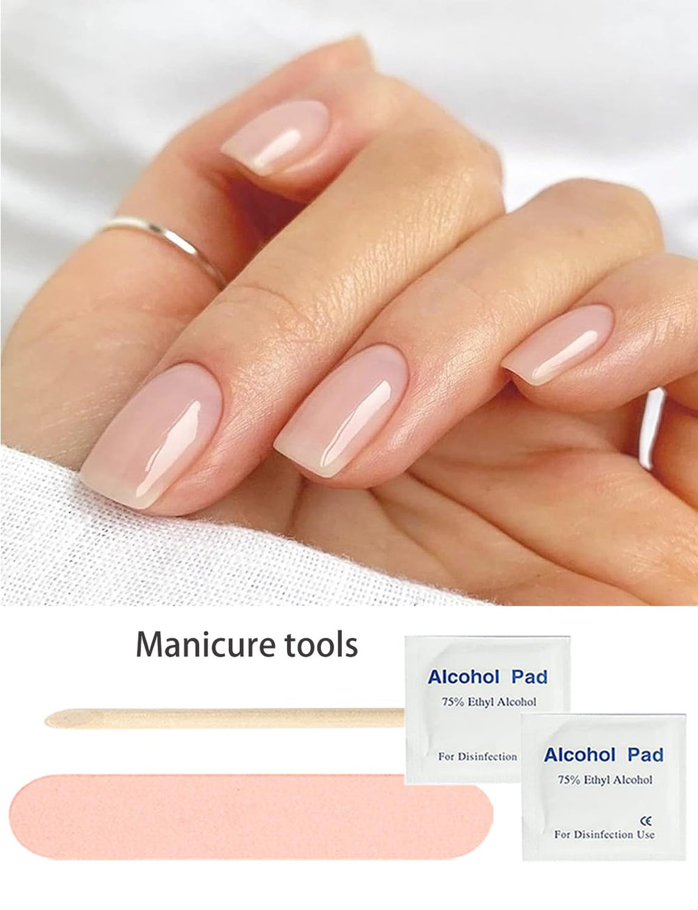 Wahrshei applied on natural nails in use showing glossy sheer nude wear and neat edges benefit