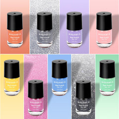wakaniya bottle collection of nine colorful 7ml water-based polishes, bright shades for fast fun