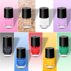 wakaniya nine mini polish bottles fanned out displaying bright colors and larger capacity