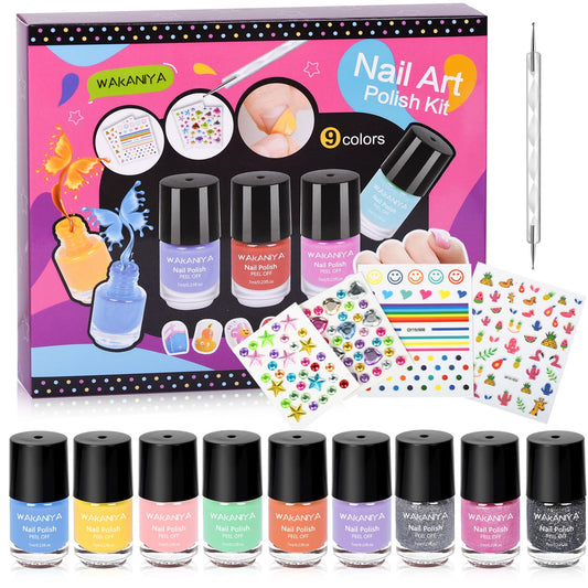 wakaniya front packaging showing complete kids nail kit and playful design, encourages safe creativity