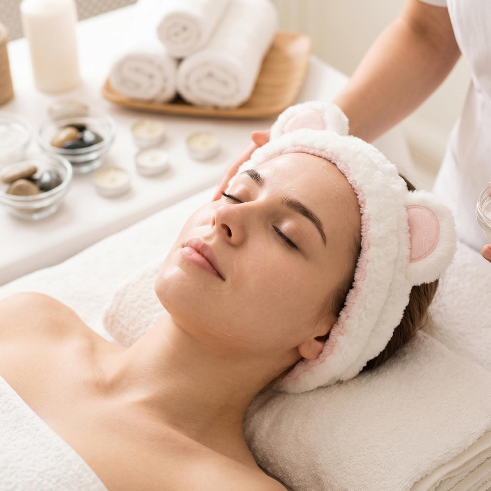 Waliah headband in use during skincare demonstrating hair kept out