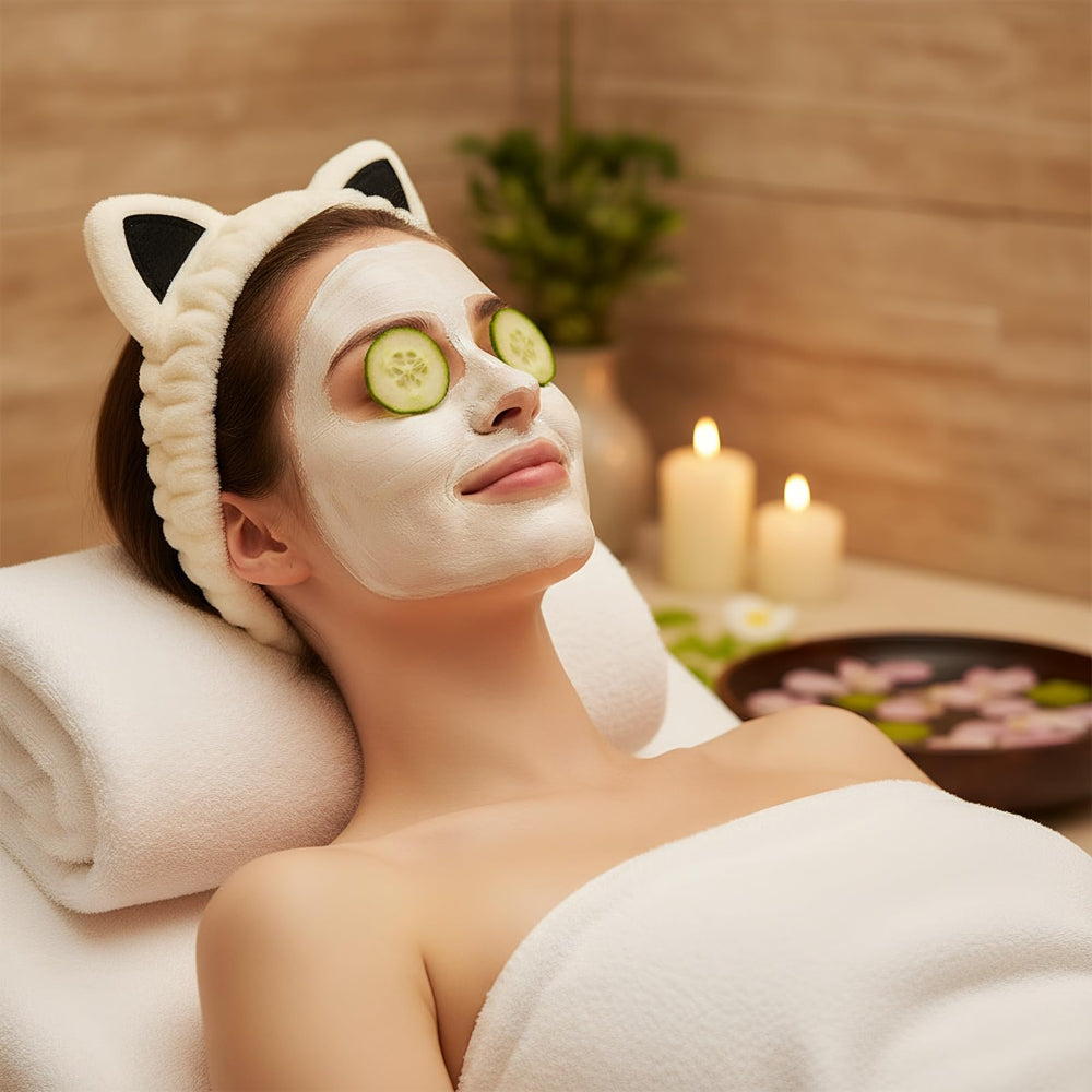 Waliah headband on model in spa setting showing tidy hair and relaxed routine
