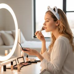 Waliah headband worn by model keeping hair back during skincare for convenience