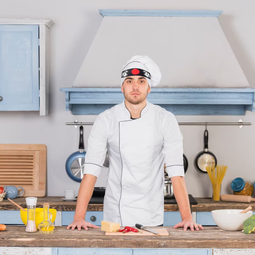 WANGDEFA chef wearing bandana in kitchen to control hair and sweat