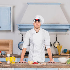 WANGDEFA chef wearing bandana in kitchen to control hair and sweat