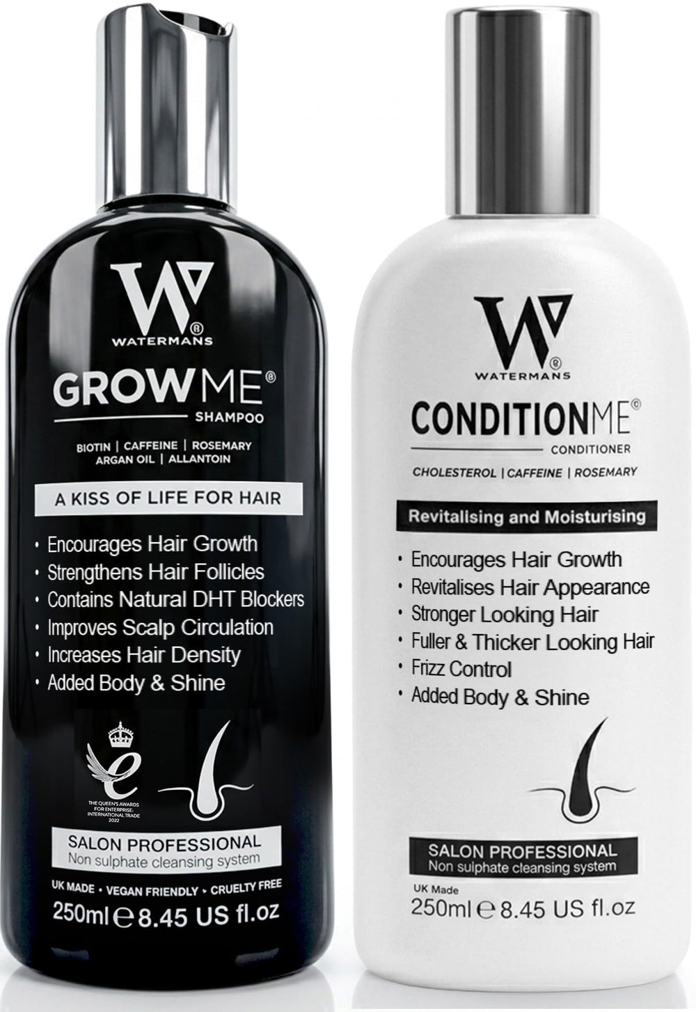 Watermans front packaging of shampoo and conditioner shows product pair benefits