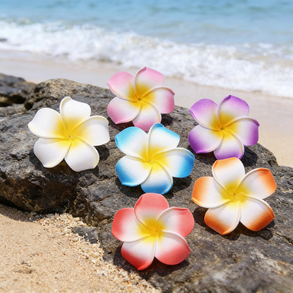 wawou frangipani on model at luau party showing instant tropical flair