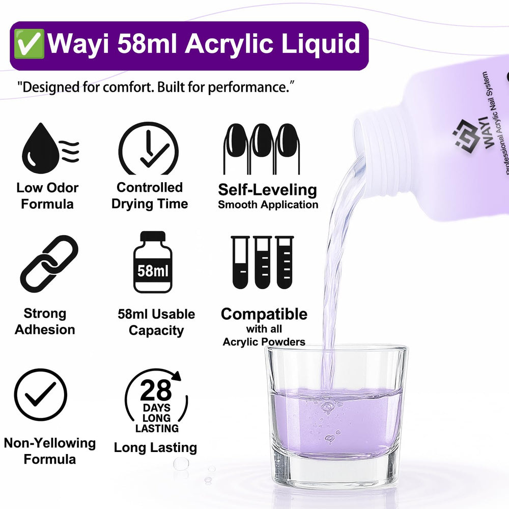 WAYI clear liquid monomer bottle highlighting steady consistency and strong adhesion