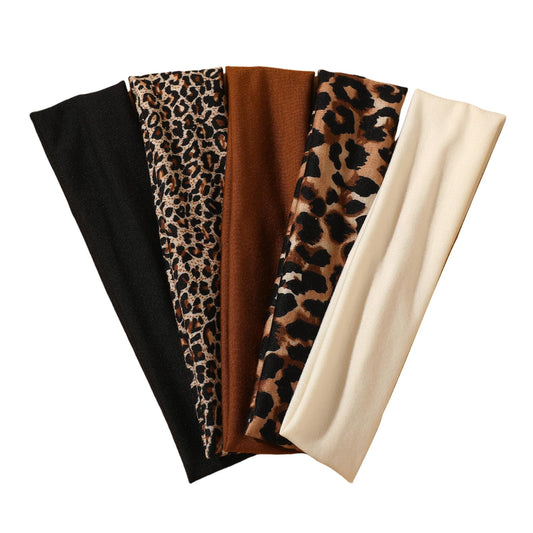 Weazppre front view of five brown animal-print headbands showing variety and style