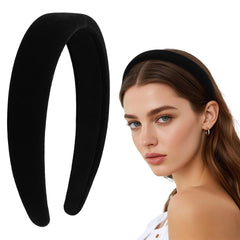 Wecoe black velvet headband front view showing sleek silhouette and elegance