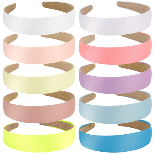 Wecoe front packaging showing ten colorful satin headbands for wardrobe versatility