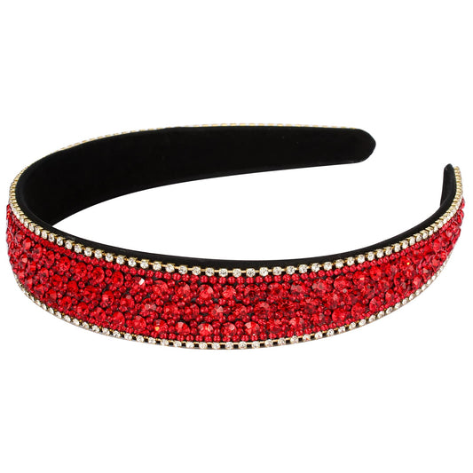 Wecoe red headband front view showing glittering crystals and stylish silhouette