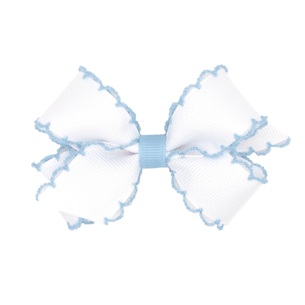 Wee Ones mini bow front view showing white and millennium blue contrast and polished finish