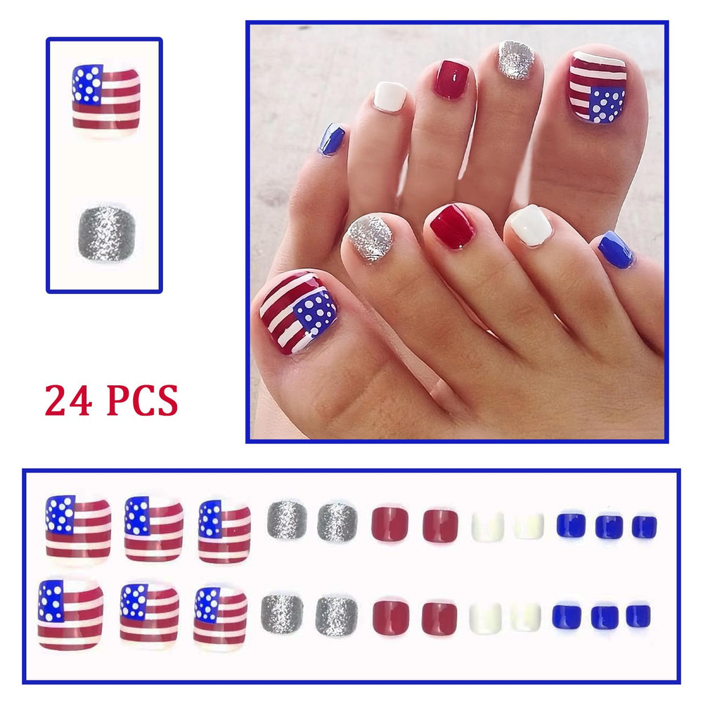 WEIXIWUYU close-up of red blue white glitter toenail detail offering festive sparkle