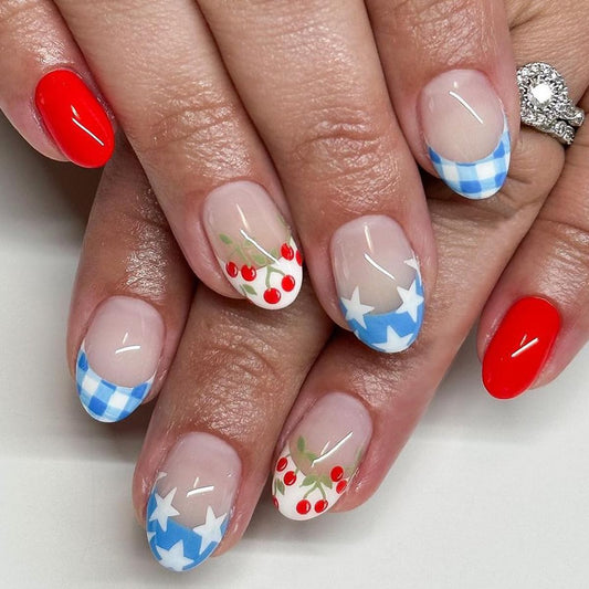 WEIXIWUYU front packaging showing 24 patriotic press-on nails and accessories benefit quick styling