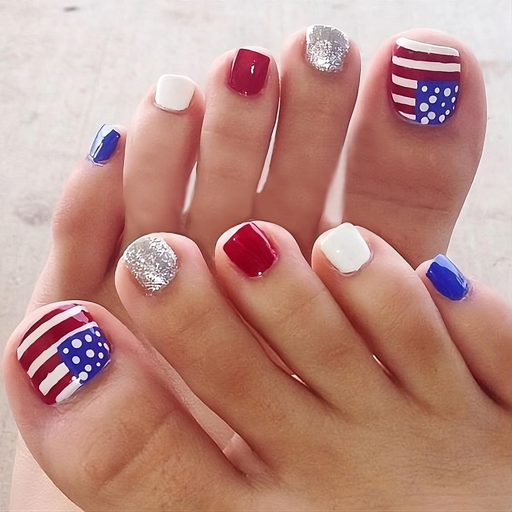 WEIXIWUYU front packaging showing American flag press-on toenails and accessories for quick styling