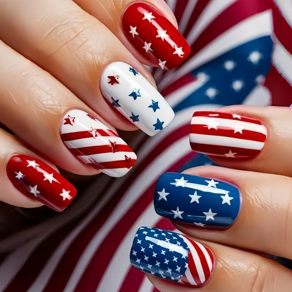 WEIXIWUYU front packaging shows 24 patriotic press-on nails and accessories, easy party-ready