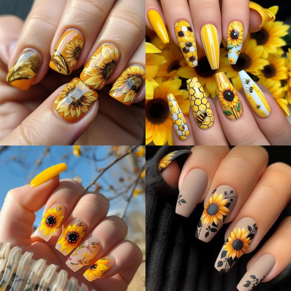 WEIXIWUYU finished summer manicure with sunflowers, seasonal bright look benefit