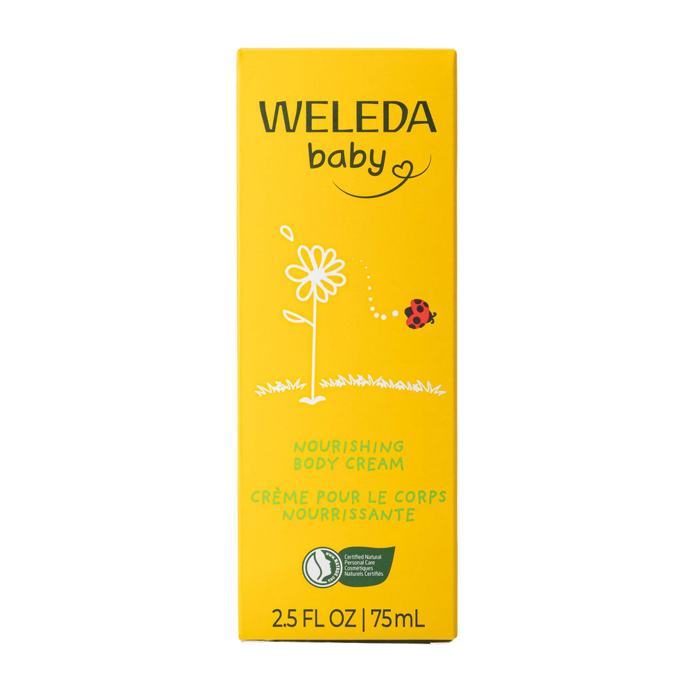 Weleda Calendula tube beside hand illustrating 2.5 fl oz travel-friendly scale